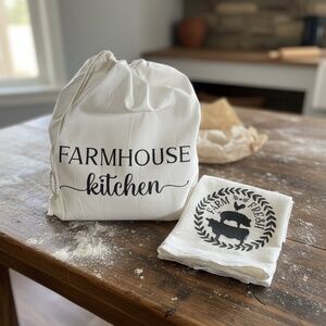 Farmhouse Kitchen Cotton Bread Bag and Tea Towel Set, Sourdough Bread Storage